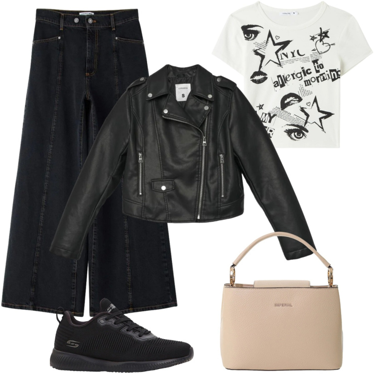 Outfit donna - Tendenzialmente Rock. Stile Rock per Serata fuori. Abbinamento con sneakers, giacche, t-shirt, jeans, borse a secchiello.