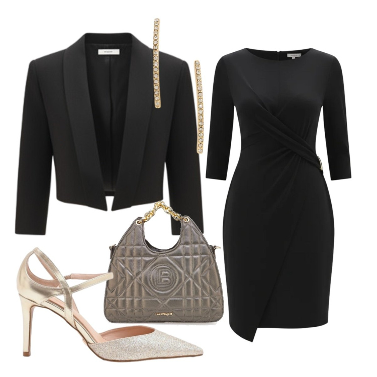 Outfit donna - Abito fluido per la cerimonia. Stile Chic per Cerimonia. Abbinamento con vestiti asimmetrici, bolero, décolleté, orecchini, borse a mano.