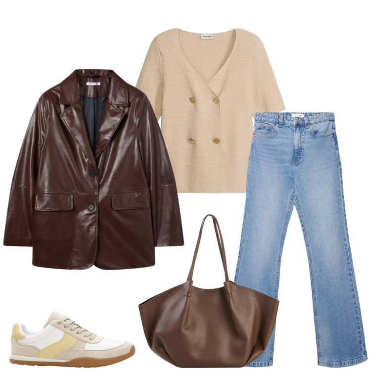 Outfit donna - Total look #2386556. Stile Casual per Tutti i giorni. Abbinamento con sneakers, cardigans, shopping bag, blazer, jeans bootcut.