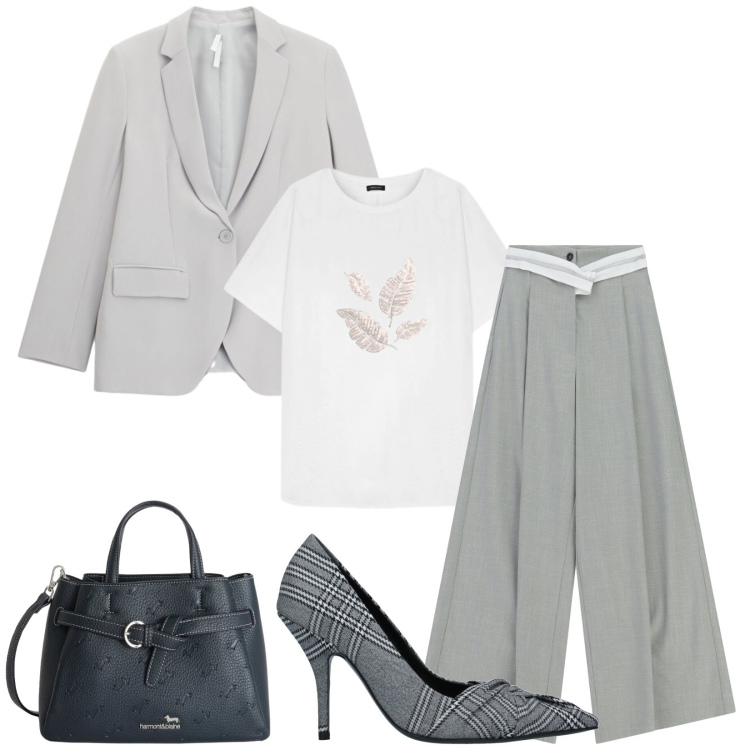 Outfit donna - Total look #2386558. Stile Chic per Serata fuori. Abbinamento con décolleté, pantaloni a palazzo, blazer, t-shirt, borse a mano.
