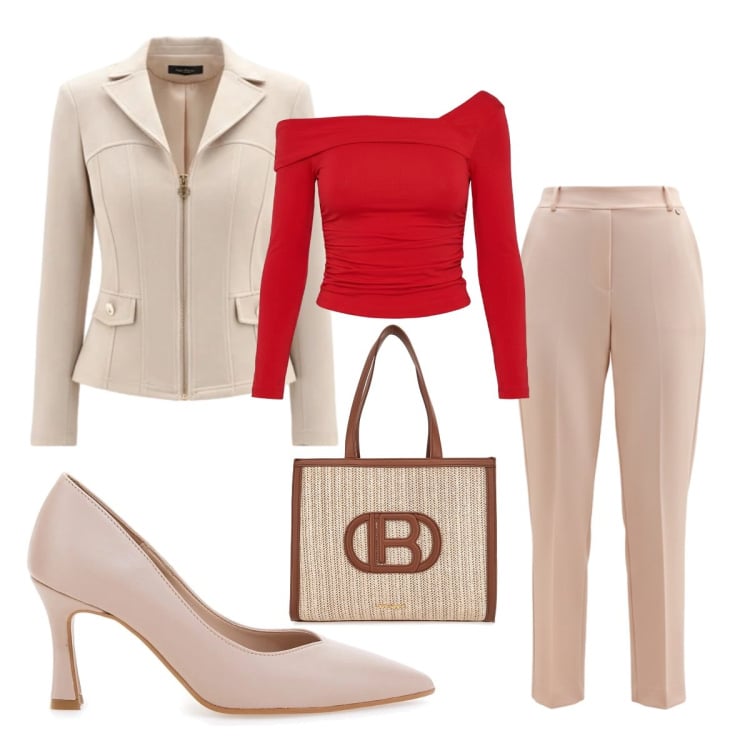 Outfit donna - Completo raffinato evento speciale. Stile Casual chic per Cerimonia. Abbinamento con blazer, t-shirt, pantaloni, décolleté, borse a spalla.
