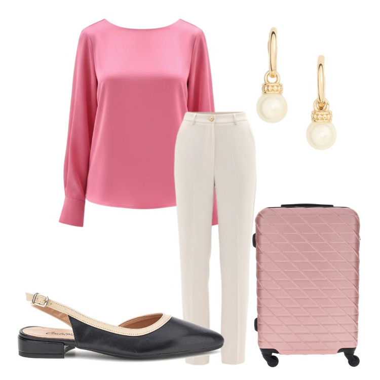 Outfit donna - Elegante per il viaggio. Stile Romantica per Tutti i giorni. Abbinamento con bluse, pantaloni, orecchini, valigie, sandali.