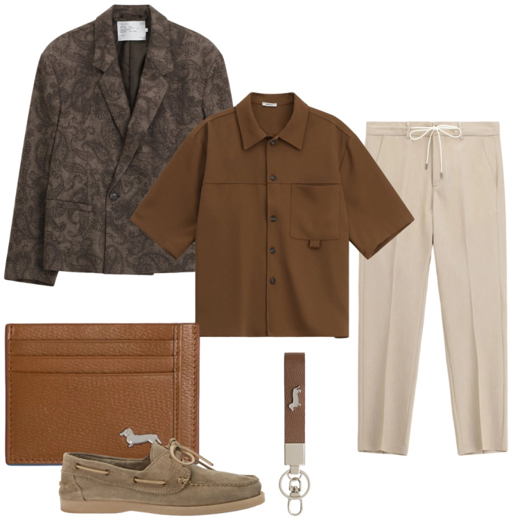 Outfit uomo - Bohemian Coffee. Stile Urban per Tutti i giorni. Abbinamento con giacche, camicie a manica corta, pantaloni, portachiavi, portafogli, scarpe stringate.