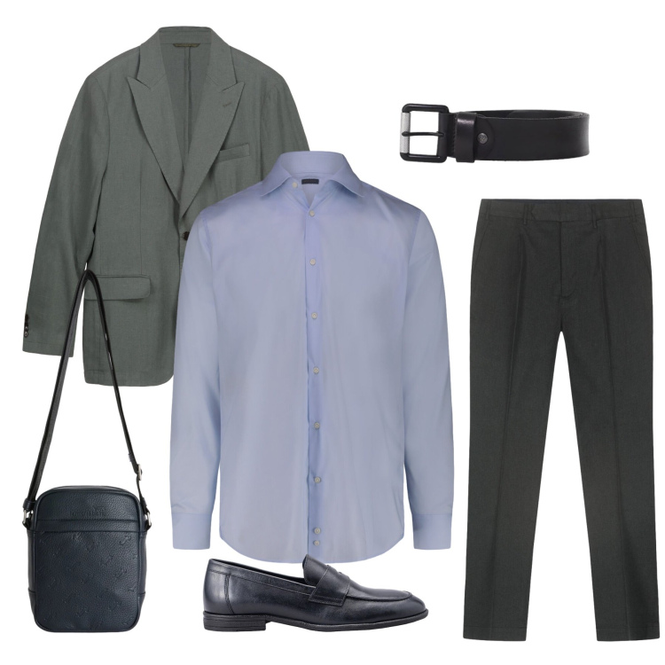 Outfit uomo - Modern Executive. Stile Urban per Ufficio. Abbinamento con borse sportive, cinture, giacche, pantaloni, camicie, scarpe stringate.