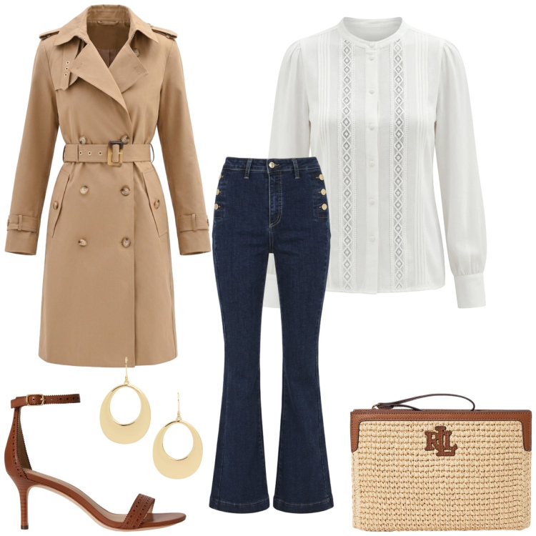 Outfit donna - Raffinatezza Classica & Denim. Stile Casual chic per Tutti i giorni. Abbinamento con jeans a zampa, trench, camicie, sandali in pelle, orecchini, pochette.