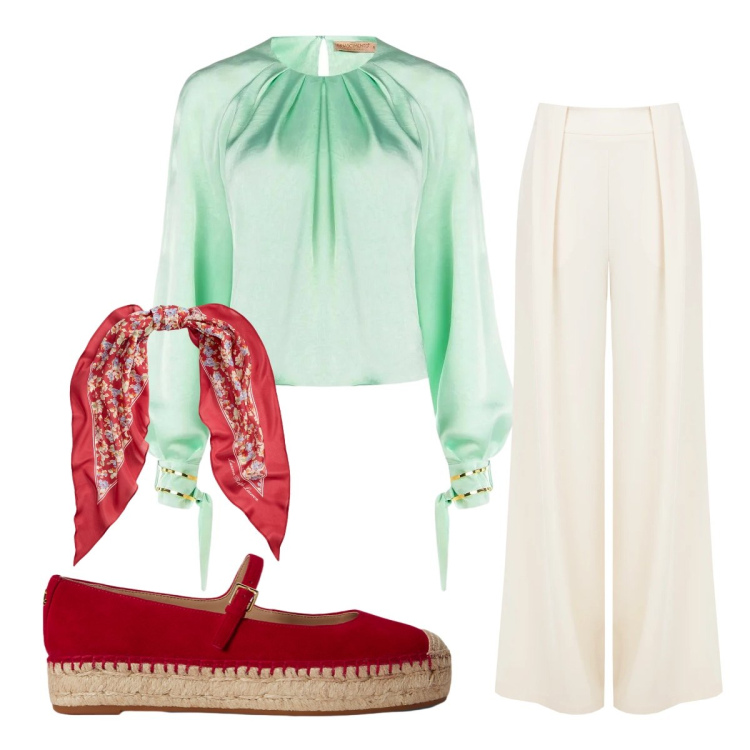 Outfit donna - Primavera elegante. Stile Bon Ton per Cerimonia. Abbinamento con pantaloni a palazzo, bluse, espadrillas, foulard.
