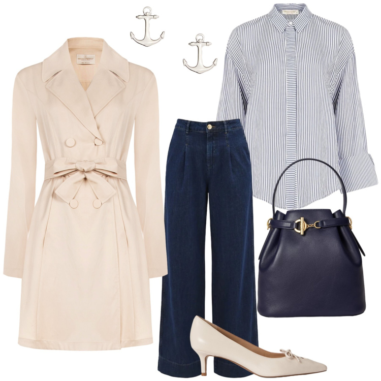 Outfit donna - Riviera Elegance. Stile Casual chic per Tutti i giorni. Abbinamento con jeans dritti, trench, camicie, décolleté, orecchini, borse a secchiello.