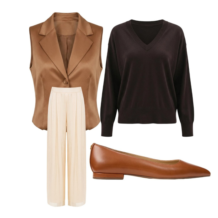 Outfit donna - Primavera elegante nuance marroni. Stile Casual chic per Ufficio. Abbinamento con pantaloni a palazzo, gilet, maglieria, ballerine.