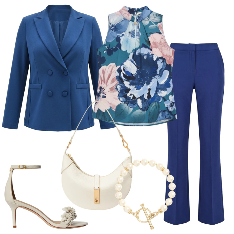 Outfit donna - Rinascimento Spring Elegance. Stile Chic per Cerimonia. Abbinamento con top, blazer, pantaloni, borse a spalla, sandali in pelle, braccialetti.