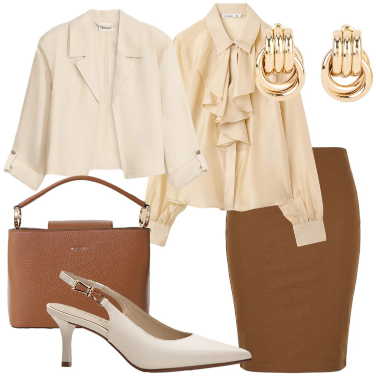 Outfit donna - Classicamente. Stile Chic per Ufficio. Abbinamento con décolleté, orecchini, blazer, camicie, gonne longuette, borse a secchiello.