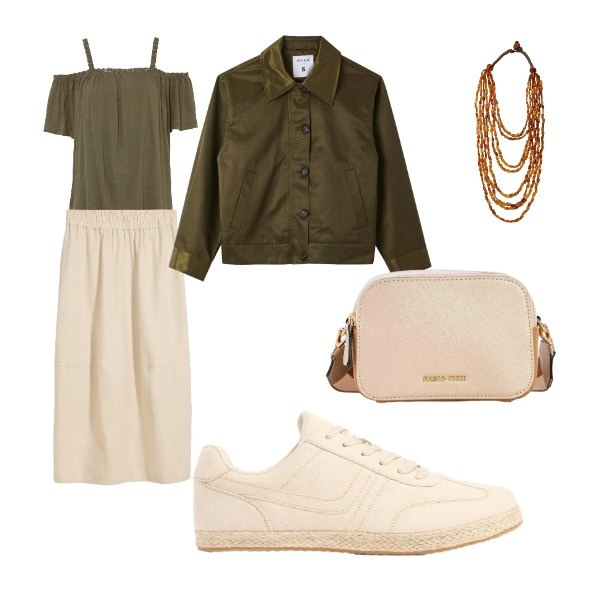 Outfit donna - con la gonna midi. Stile Casual per Tutti i giorni. Abbinamento con maglieria, borse a tracolla, sneakers, gonne longuette, cappotti, collane.