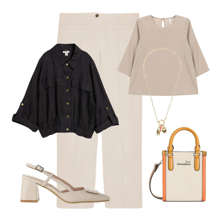 Outfit donna - Eleganza leggera. Stile Casual chic per Ufficio. Abbinamento con bomber, bluse, décolleté, pantaloni, borse tote, ciondoli.