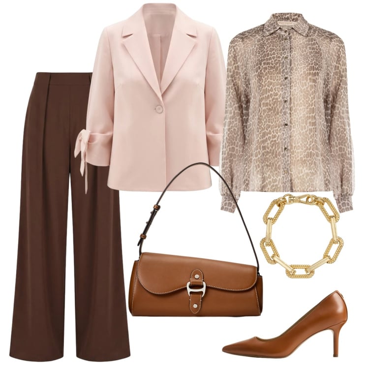 Outfit donna - Rinascimento Spring Elegance 2. Stile Chic per Ufficio. Abbinamento con camicie, pantaloni a palazzo, blazer, borse a spalla, décolleté, braccialetti.