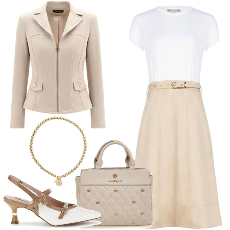 Outfit donna - Rinascimento Spring Elegance. Stile Casual chic per Ufficio. Abbinamento con collane, vestiti midi/longuette, blazer, décolleté, borse a mano.