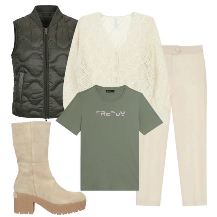 Outfit donna - Total look #2386590. Stile Casual per Tutti i giorni. Abbinamento con stivaletti, cardigans, pantaloni, t-shirt, piumini.