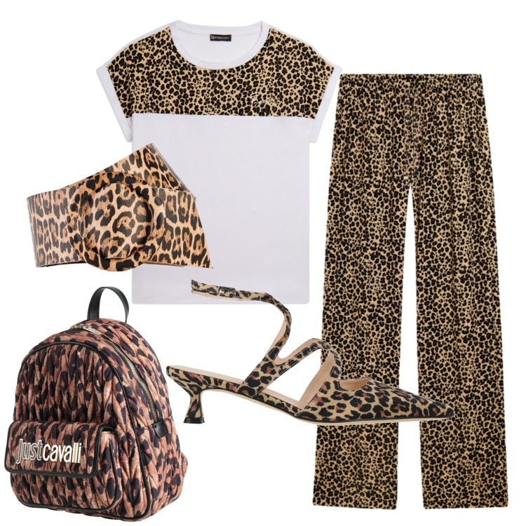 Outfit donna - Animal print. Stile Trendy per Ufficio. Abbinamento con décolleté, zaini, cinture, t-shirt, pantaloni.