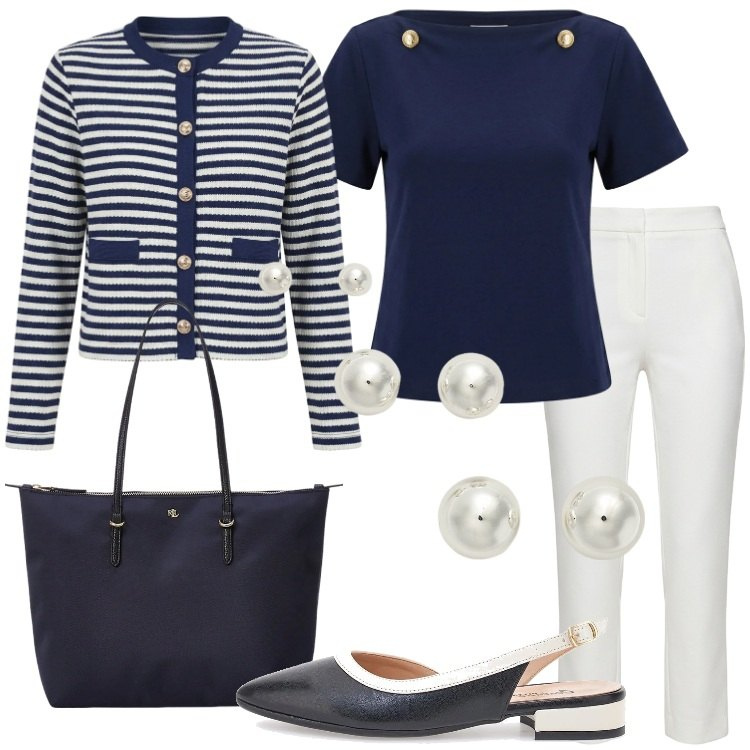 Outfit donna - Rinascimento Spring Elegance. Stile Bon Ton per Ufficio. Abbinamento con t-shirt, cardigans, pantaloni, borse tote, orecchini, ballerine.
