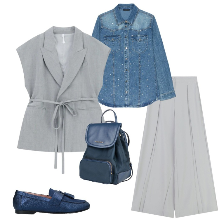 Outfit donna - Aprile che mi metto?. Stile Urban per Ufficio. Abbinamento con mocassini, zaini, camicie, pantaloni a palazzo, gilet.