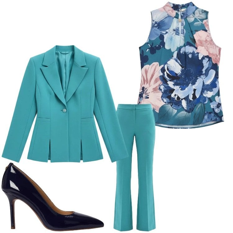 Outfit donna - Acquamarina. Stile Chic per Cerimonia. Abbinamento con pantaloni a palazzo, top, blazer, décolleté.