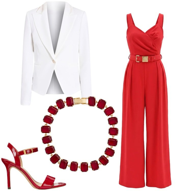 Outfit donna - Rosso. Stile Chic per Serata fuori. Abbinamento con blazer, tute, braccialetti, sandali col tacco.