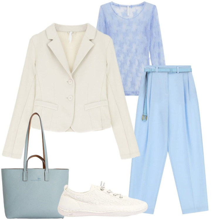 Outfit donna - Aprile che mi metto?. Stile Urban per Ufficio. Abbinamento con sneakers, bluse, blazer, pantaloni a palazzo, shopping bag.