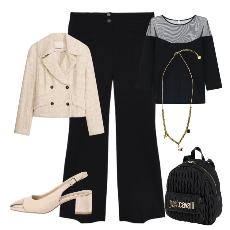 Outfit donna - Elegante. Stile Chic per Serata fuori. Abbinamento con zaini, blazer, décolleté, top, pantaloni, ciondoli.