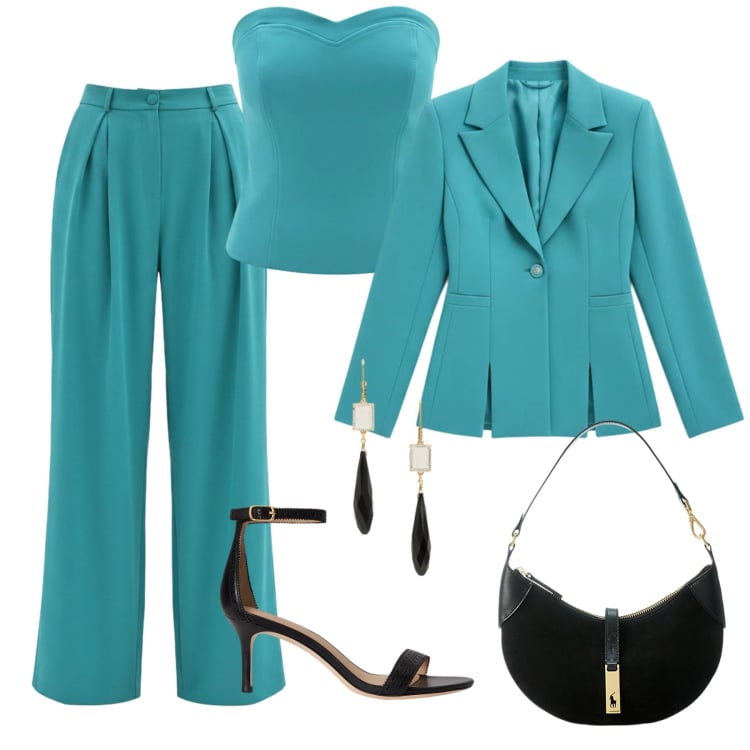 Outfit donna - Rinascimento Spring Elegance 2. Stile Chic per Cerimonia. Abbinamento con blazer, pantaloni a palazzo, top, borse a spalla, orecchini, sandali in pelle.