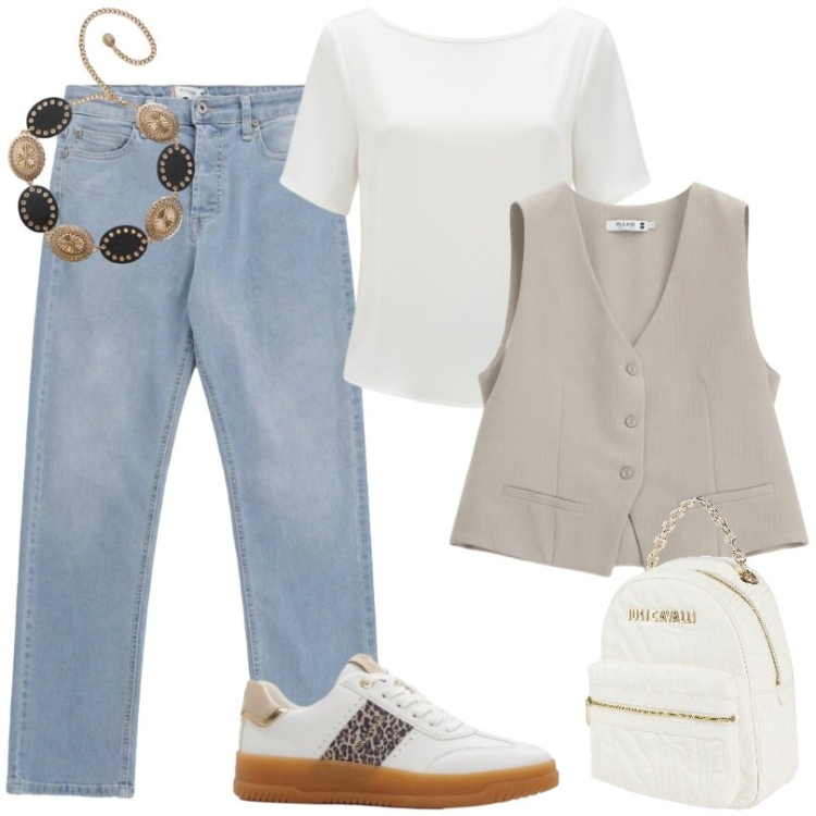 Outfit donna - Stile urbano. Stile Casual per Scuola/Università. Abbinamento con zaini, sneakers, cinture, bluse, jeans, gilet.