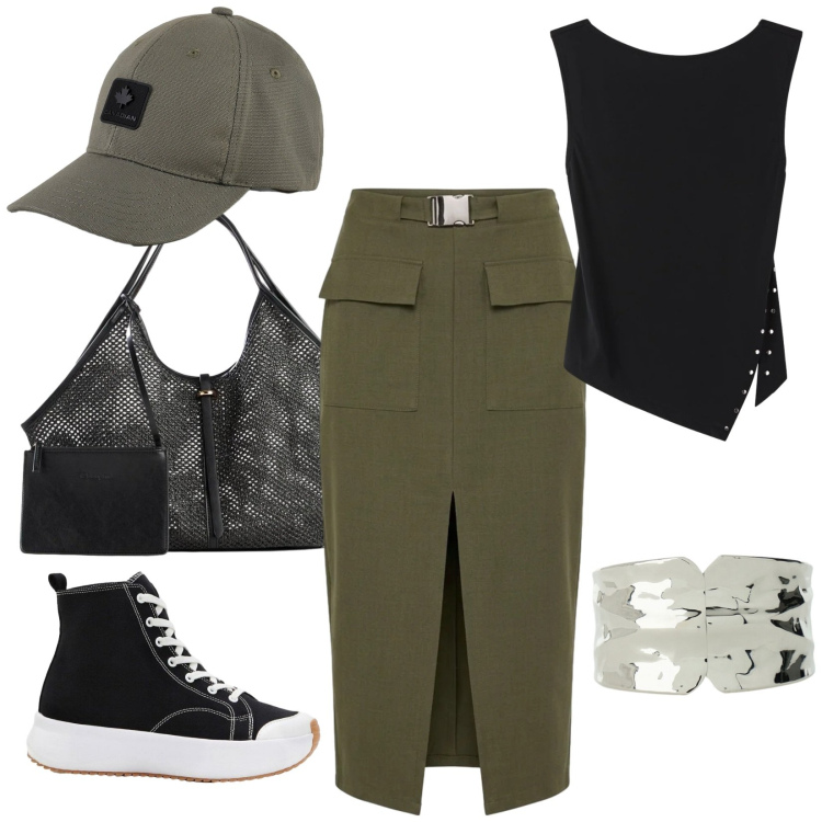 Outfit donna - Longuette. Stile Military per Tutti i giorni. Abbinamento con shopping bag, sneakers, gonne longuette, top, braccialetti, cappelli con visiera.