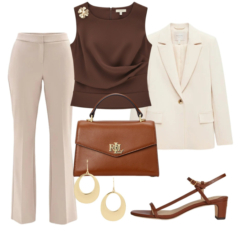 Outfit donna - Rinascimento Spring Elegance 3. Stile Chic per Cerimonia. Abbinamento con top, pantaloni, blazer, borse a mano, sandali in pelle, orecchini.