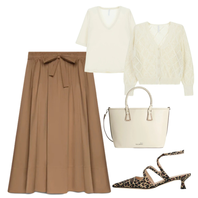 Outfit donna - Total look #2386613. Stile Chic per Ufficio. Abbinamento con décolleté, cardigans, t-shirt, gonne lunghe, shopping bag.