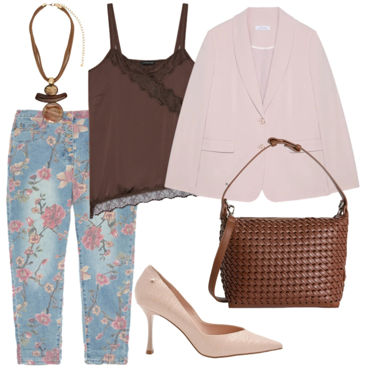 Outfit donna - Eleganza leggera curvy. Stile Casual chic per Ufficio. Abbinamento con jeans, blazer, top, décolleté, ciondoli, borse a spalla.