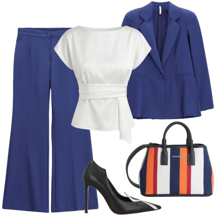 Outfit donna - Indaco. Stile Chic per Tutti i giorni. Abbinamento con décolleté, pantaloni a palazzo, blazer, bluse, shopping bag.