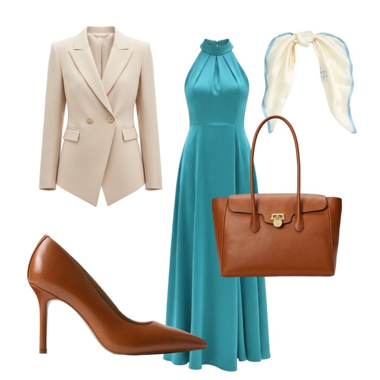 Outfit donna - Appuntamento con un cliente. Stile Chic per Ufficio. Abbinamento con vestiti lunghi, blazer, borse a mano, décolleté, foulard.