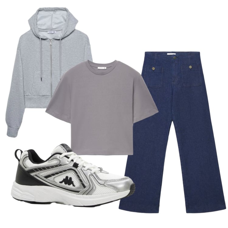 Outfit donna - Total look #2386618. Stile Sporty chic per Scuola/Università. Abbinamento con sneakers, t-shirt, jeans, felpe con cappuccio.