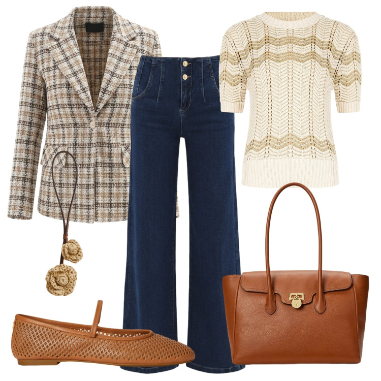 Outfit donna - In ufficio. Stile Casual chic per Ufficio. Abbinamento con t-shirt, blazer, jeans, ballerine, ciondoli, borse a mano.