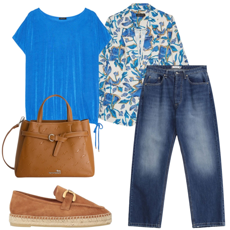 Outfit donna - Eleganza leggera. Stile Casual per Ufficio. Abbinamento con mocassini, blazer, t-shirt, jeans dritti, borse a mano.