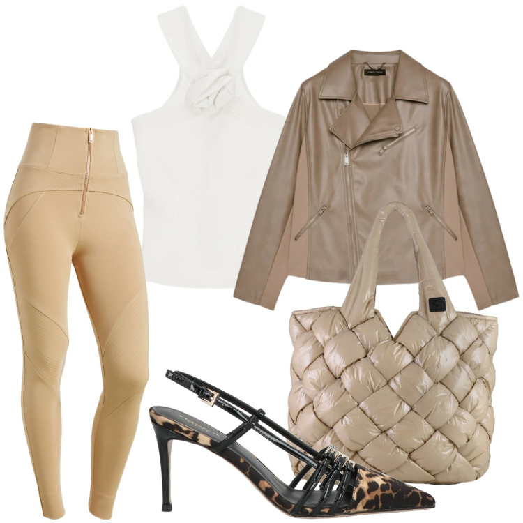 Outfit donna - Sporty-chic in chiave primaverile. Stile Glamour per Tutti i giorni. Abbinamento con décolleté, blazer, canottiere, pantaloni skinny, borse tote.