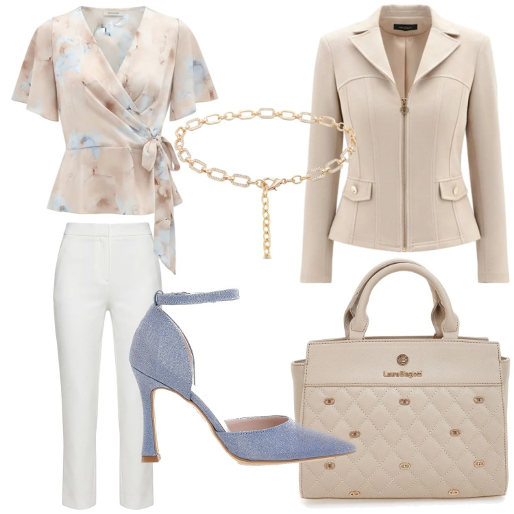 Outfit donna - Rinascimento Spring Elegance. Stile Glamour per Ufficio. Abbinamento con blazer, pantaloni, bluse, cinture, décolleté, borse a mano.