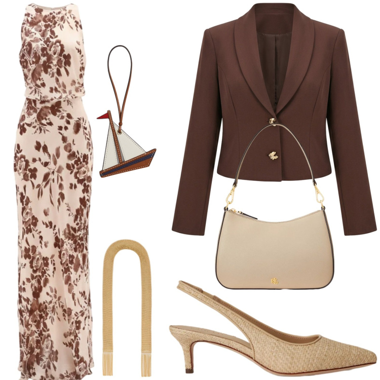 Outfit donna - Rinascimento Spring Elegance. Stile Glamour per Serata fuori. Abbinamento con vestiti lunghi, blazer, collane, décolleté, borse a spalla, portachiavi.