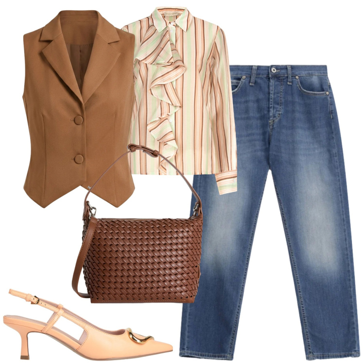 Outfit donna - City. Stile Casual chic per Tutti i giorni. Abbinamento con décolleté, camicie, gilet, jeans dritti, borse a spalla.
