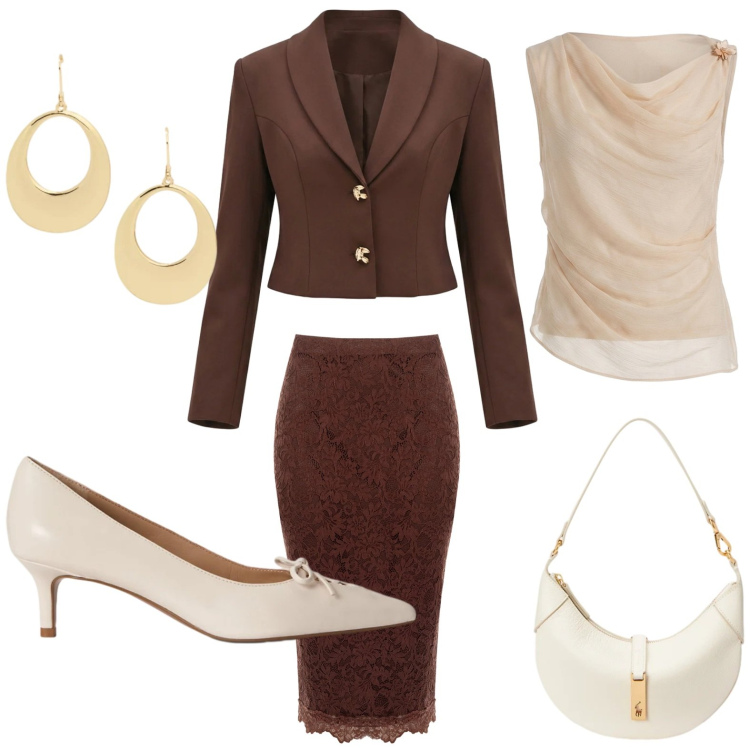 Outfit donna - Rinascimento Spring Elegance. Stile Glamour per Ufficio. Abbinamento con gonne longuette, blazer, top, décolleté, borse a spalla, orecchini.