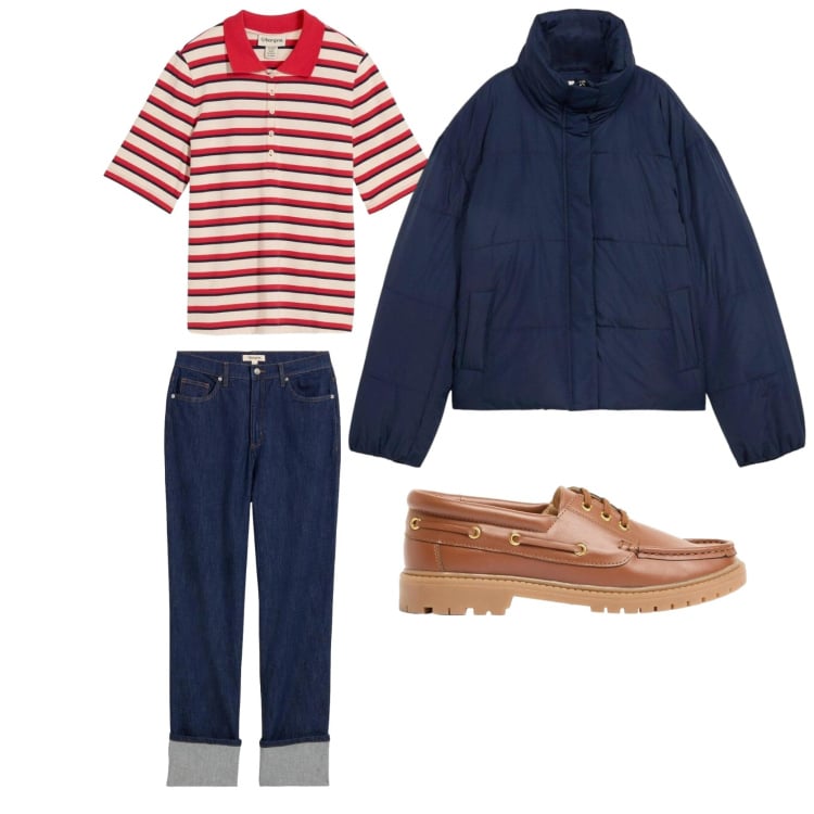 Outfit donna - Anni 80. Stile Sporty chic per Tutti i giorni. Abbinamento con mocassini, polo, jeans dritti, giacche.