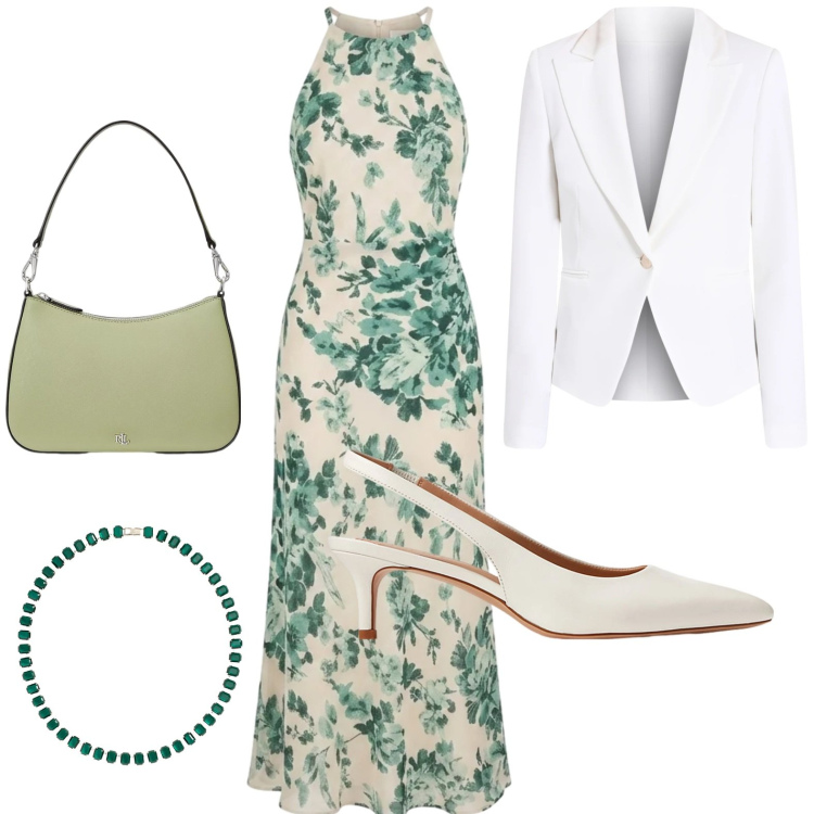 Outfit donna - Rinascimento Spring Elegance. Stile Glamour per Serata fuori. Abbinamento con blazer, vestiti lunghi, décolleté, borse a spalla, collane.