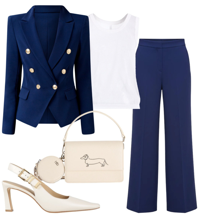 Outfit donna - Bianco e blu. Stile Chic per Tutti i giorni. Abbinamento con décolleté, top, blazer, pantaloni a palazzo, borse a tracolla.