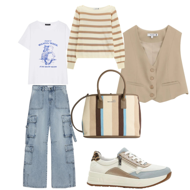 Outfit donna - Jeans e gilet. Stile Sporty chic per Tutti i giorni. Abbinamento con sneakers, jeans, t-shirt, maglieria, gilet, shopping bag.