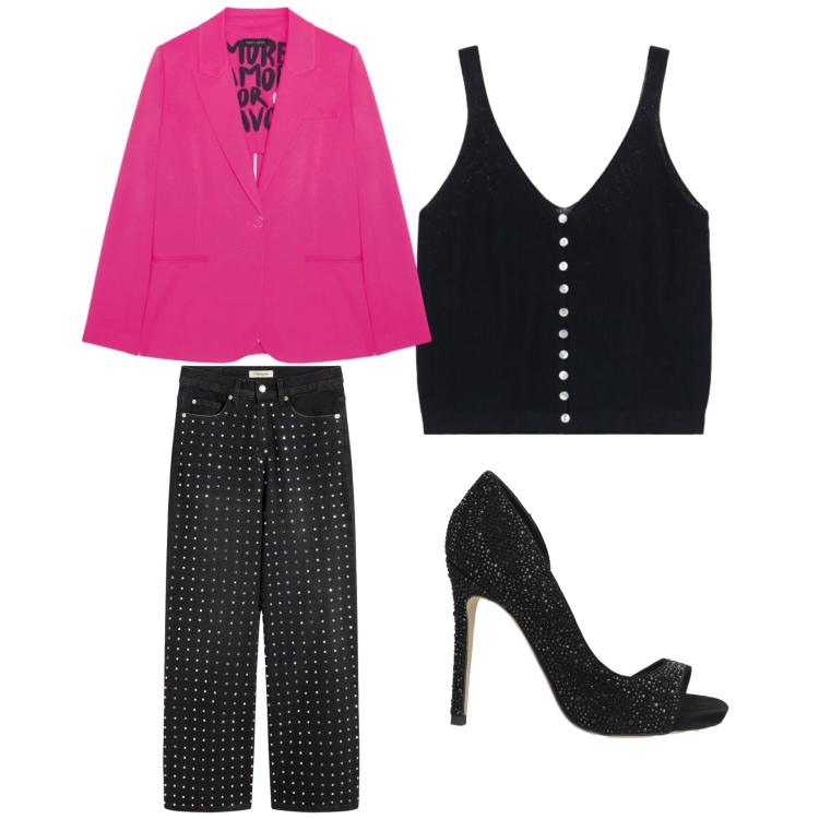 Outfit donna - Sport. Stile Sporty chic per Serata fuori. Abbinamento con décolleté, jeans, top, blazer.