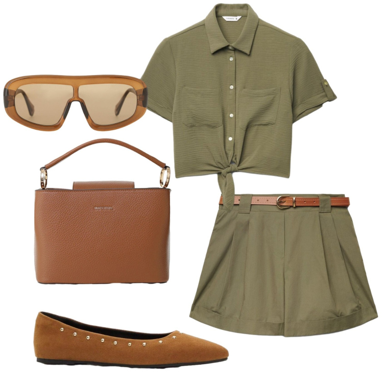 Outfit donna - Total look #2386648. Stile Basic per Tutti i giorni. Abbinamento con ballerine, camicie a manica corta, shorts, occhiali da sole, borse a secchiello.