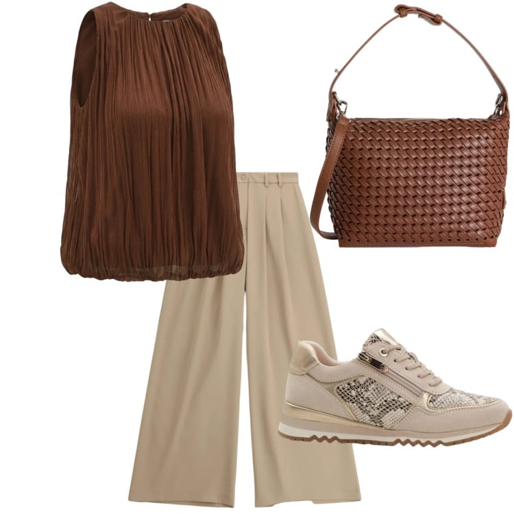Outfit donna - Colori della terra. Stile Casual chic per Tutti i giorni. Abbinamento con sneakers, bluse, pantaloni a palazzo, borse a spalla.