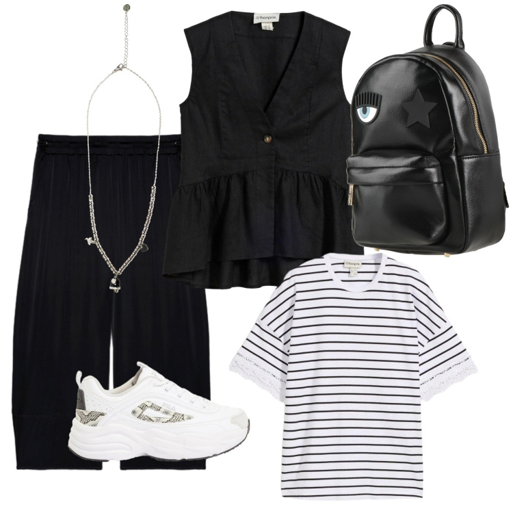 Outfit donna - Commissioni veloci. Stile Sporty chic per Tutti i giorni. Abbinamento con zaini, t-shirt, sneakers, gilet, pantaloni, ciondoli.